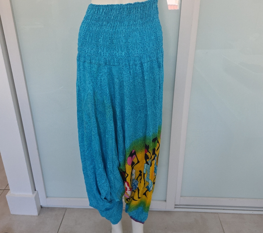 Turquoise Harem Pants with Colorful Side Print Origunal From THAILAND